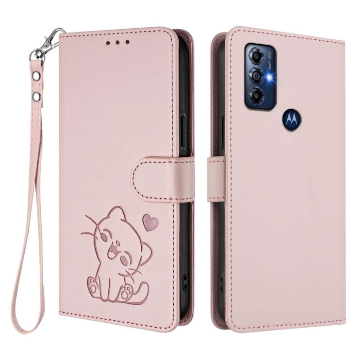 Embossed Heart Cat Leather Phone Case with Hand Strap, For Motorola Moto G Play 2022, For Motorola Moto G Stylus 2022 5G, For Motorola Edge X30 / 30 Pro, For Motorola Moto G200 5G / Edge S30