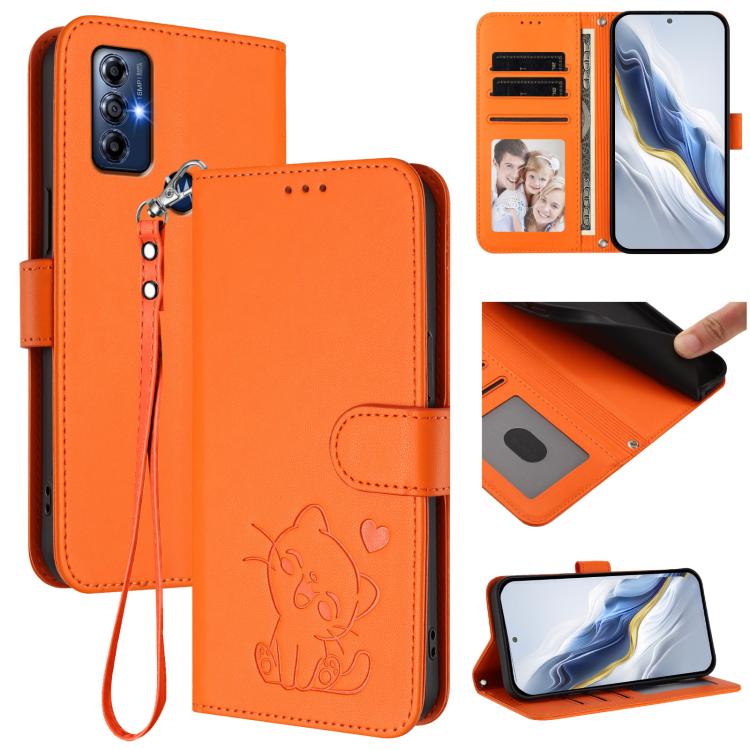 Embossed Heart Cat Leather Phone Case with Hand Strap, For Motorola Moto G Play 2022, For Motorola Moto G Stylus 2022 5G, For Motorola Edge X30 / 30 Pro, For Motorola Moto G200 5G / Edge S30