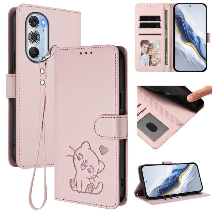 Embossed Heart Cat Leather Phone Case with Hand Strap, For Motorola Moto G Play 2022, For Motorola Moto G Stylus 2022 5G, For Motorola Edge X30 / 30 Pro, For Motorola Moto G200 5G / Edge S30