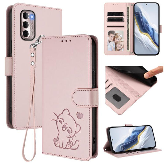 Embossed Heart Cat Leather Phone Case with Hand Strap, For Motorola Moto G Stylus 2022 4G, For Motorola Moto G Power 2022