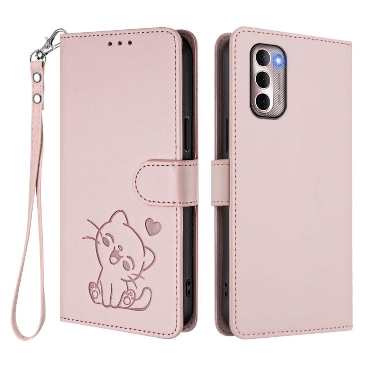Embossed Heart Cat Leather Phone Case with Hand Strap, For Motorola Moto G Stylus 2022 4G, For Motorola Moto G Power 2022