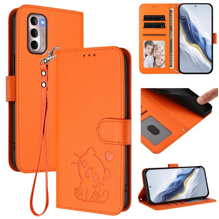 Embossed Heart Cat Leather Phone Case with Hand Strap, For Motorola Moto G Stylus 2022 4G, For Motorola Moto G Power 2022