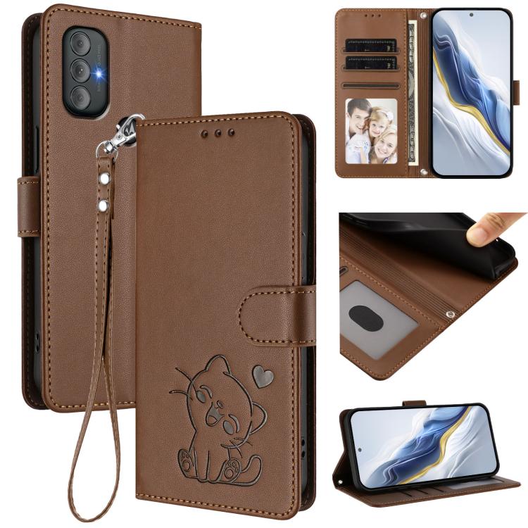 Embossed Heart Cat Leather Phone Case with Hand Strap, For Motorola Moto G Stylus 2022 4G, For Motorola Moto G Power 2022