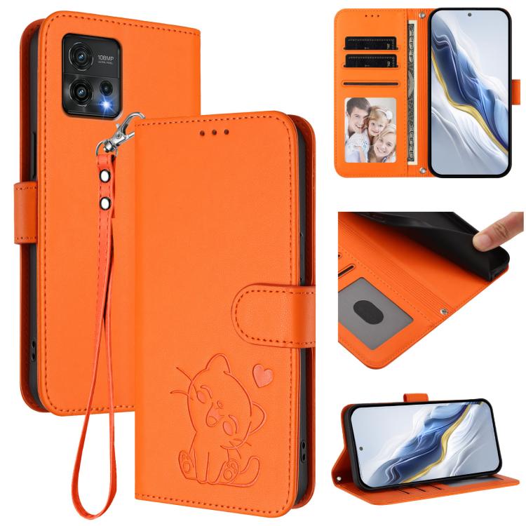 Embossed Heart Cat Leather Phone Case with Hand Strap, For Motorola Moto G 5G 2023, For Motorola Moto G Play 2023, For Motorola Moto G72, For Motorola Moto E22 4G / E22i 4G