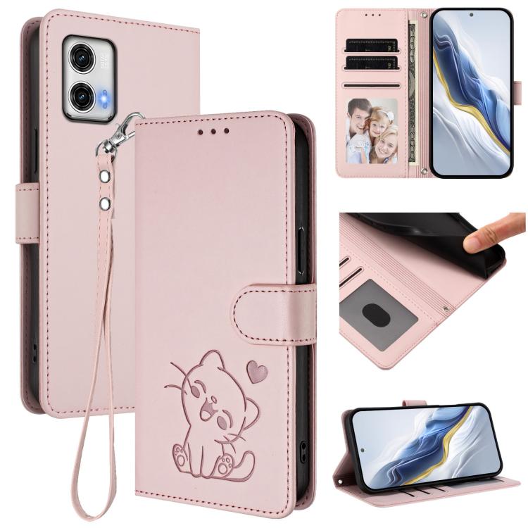 Embossed Heart Cat Leather Phone Case with Hand Strap, For Motorola Edge+ 2023 / 40 Pro, For Motorola Moto E13 4G 2023, For Motorola Moto G73 5G, For Motorola Moto G75 5G