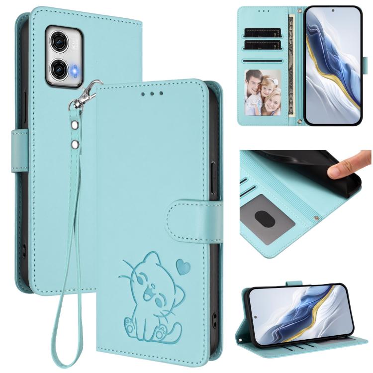 Embossed Heart Cat Leather Phone Case with Hand Strap, For Motorola Edge+ 2023 / 40 Pro, For Motorola Moto E13 4G 2023, For Motorola Moto G73 5G, For Motorola Moto G75 5G