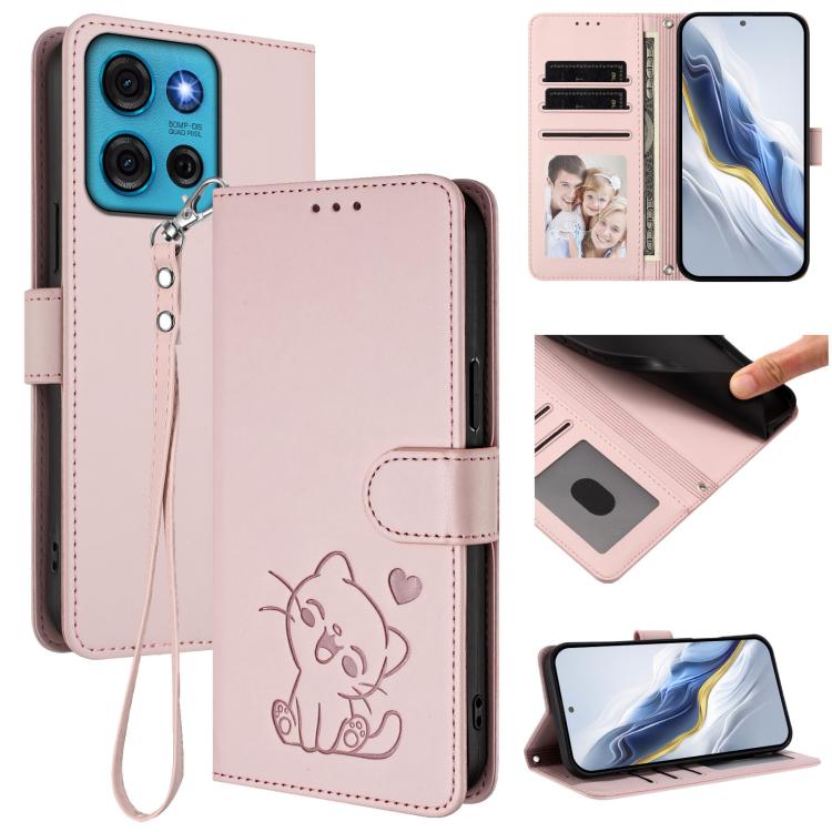 Embossed Heart Cat Leather Phone Case with Hand Strap, For Motorola Edge+ 2023 / 40 Pro, For Motorola Moto E13 4G 2023, For Motorola Moto G73 5G, For Motorola Moto G75 5G