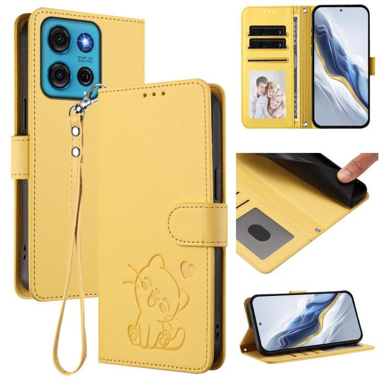 Embossed Heart Cat Leather Phone Case with Hand Strap, For Motorola Edge+ 2023 / 40 Pro, For Motorola Moto E13 4G 2023, For Motorola Moto G73 5G, For Motorola Moto G75 5G