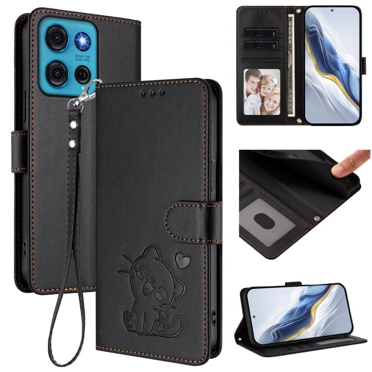Embossed Heart Cat Leather Phone Case with Hand Strap, For Motorola Edge+ 2023 / 40 Pro, For Motorola Moto E13 4G 2023, For Motorola Moto G73 5G, For Motorola Moto G75 5G