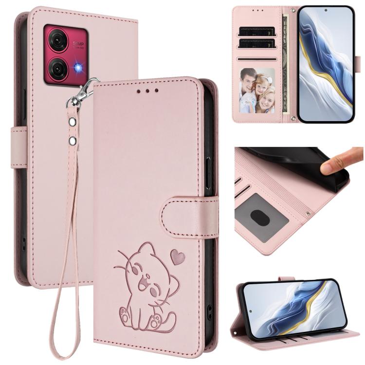 Embossed Heart Cat Leather Phone Case with Hand Strap, For Motorola Moto G Power 2024, For Motorola Edge 40 5G / Edge 2023, For Motorola Moto G84 5G, For Motorola Moto G14 4G / G54