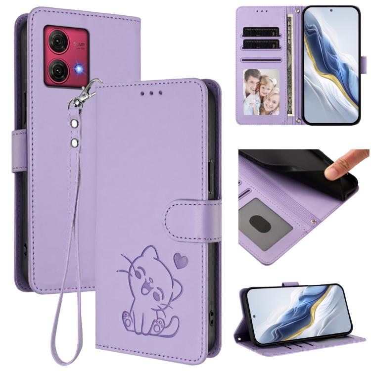 Embossed Heart Cat Leather Phone Case with Hand Strap, For Motorola Moto G Power 2024, For Motorola Edge 40 5G / Edge 2023, For Motorola Moto G84 5G, For Motorola Moto G14 4G / G54