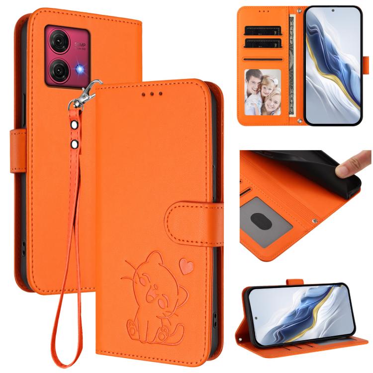 Embossed Heart Cat Leather Phone Case with Hand Strap, For Motorola Moto G Power 2024, For Motorola Edge 40 5G / Edge 2023, For Motorola Moto G84 5G, For Motorola Moto G14 4G / G54