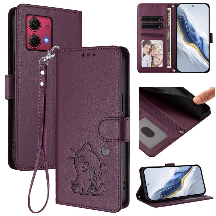 Embossed Heart Cat Leather Phone Case with Hand Strap, For Motorola Moto G Power 2024, For Motorola Edge 40 5G / Edge 2023, For Motorola Moto G84 5G, For Motorola Moto G14 4G / G54