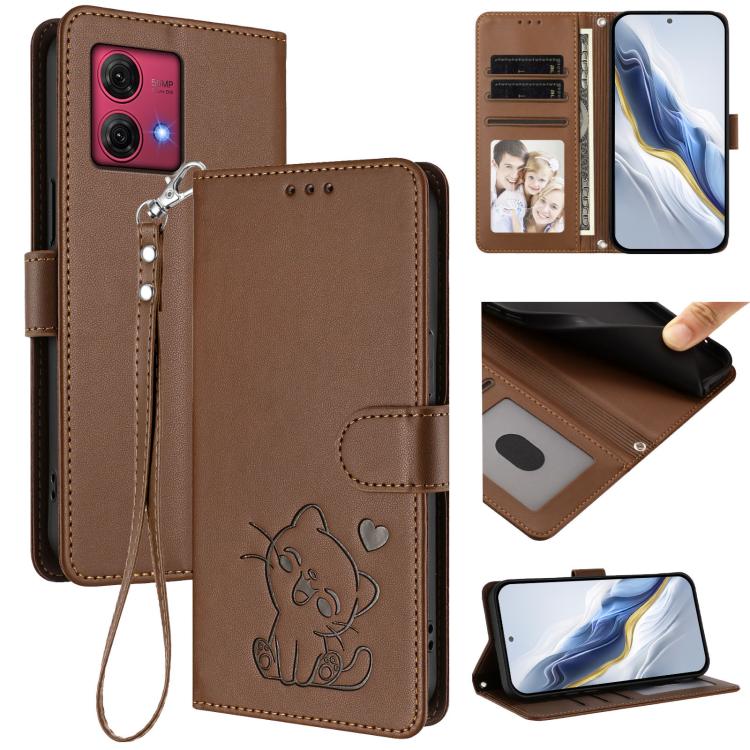 Embossed Heart Cat Leather Phone Case with Hand Strap, For Motorola Moto G Power 2024, For Motorola Edge 40 5G / Edge 2023, For Motorola Moto G84 5G, For Motorola Moto G14 4G / G54