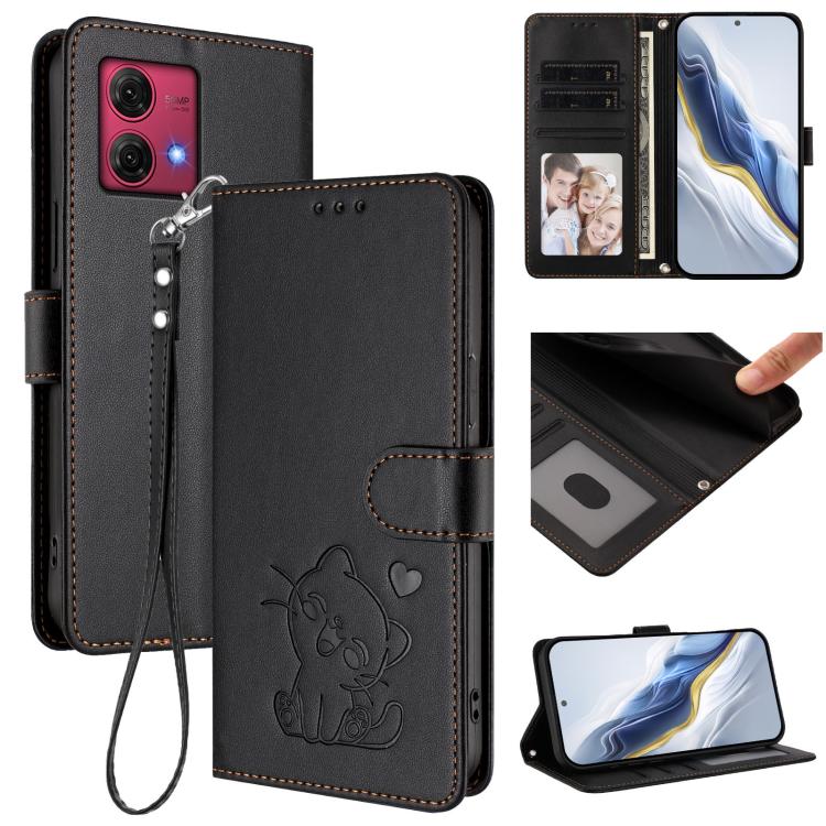 Embossed Heart Cat Leather Phone Case with Hand Strap, For Motorola Moto G Power 2024, For Motorola Edge 40 5G / Edge 2023, For Motorola Moto G84 5G, For Motorola Moto G14 4G / G54