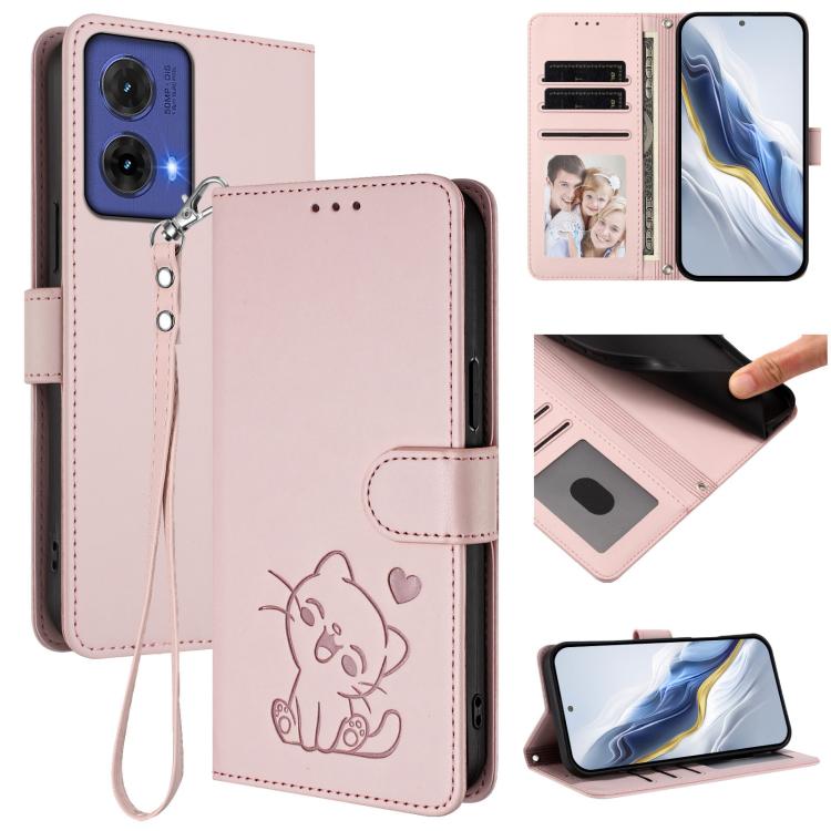 Embossed Heart Cat Leather Phone Case with Hand Strap, For Motorola Moto G64 / G54 India, For Motorola Edge 50 Fusion 5G, For Motorola Moto G85 5G, For Motorola Edge 5G 2024