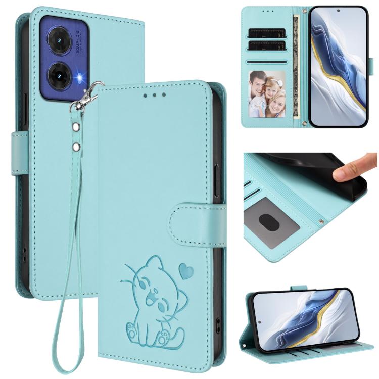 Embossed Heart Cat Leather Phone Case with Hand Strap, For Motorola Moto G64 / G54 India, For Motorola Edge 50 Fusion 5G, For Motorola Moto G85 5G, For Motorola Edge 5G 2024