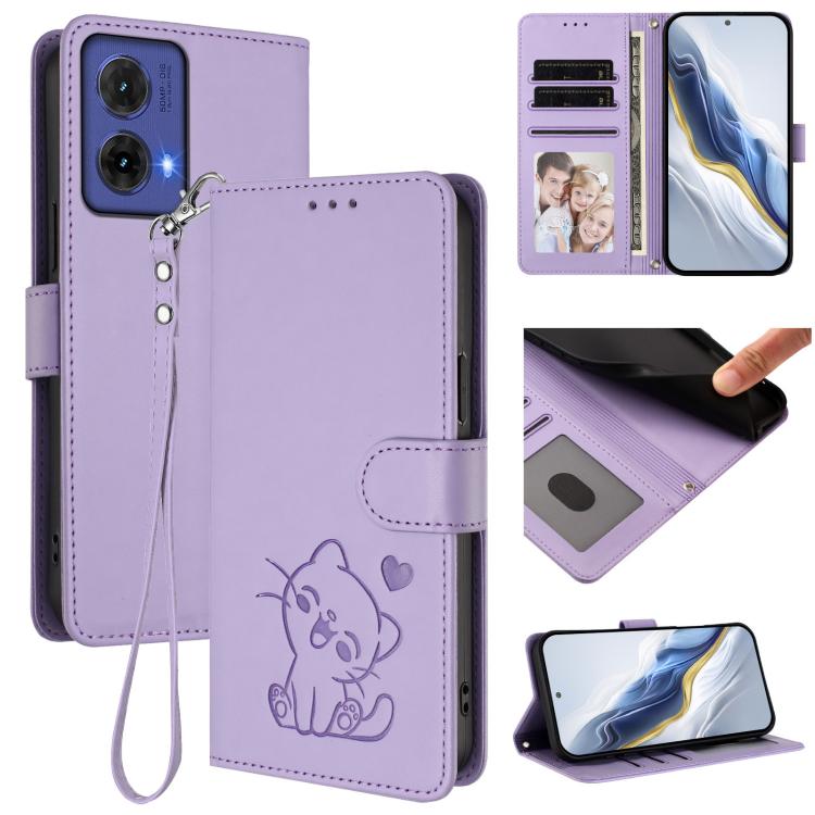 Embossed Heart Cat Leather Phone Case with Hand Strap, For Motorola Moto G64 / G54 India, For Motorola Edge 50 Fusion 5G, For Motorola Moto G85 5G, For Motorola Edge 5G 2024