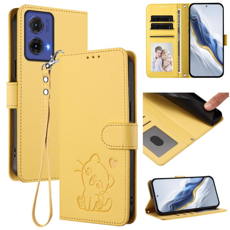 Embossed Heart Cat Leather Phone Case with Hand Strap, For Motorola Moto G64 / G54 India, For Motorola Edge 50 Fusion 5G, For Motorola Moto G85 5G, For Motorola Edge 5G 2024