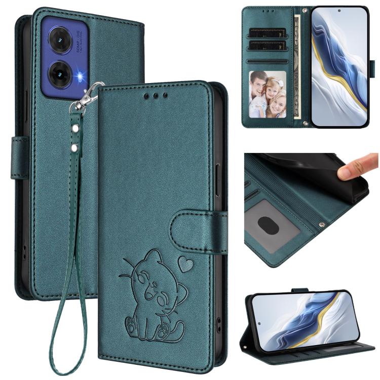 Embossed Heart Cat Leather Phone Case with Hand Strap, For Motorola Moto G64 / G54 India, For Motorola Edge 50 Fusion 5G, For Motorola Moto G85 5G, For Motorola Edge 5G 2024