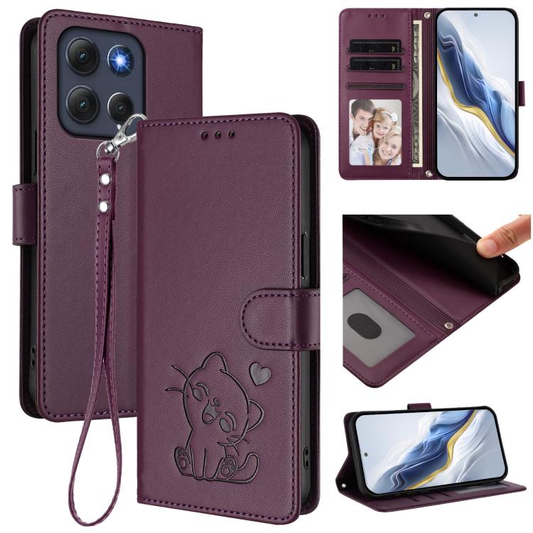 Embossed Heart Cat Leather Phone Case with Hand Strap, For Motorola Edge 60s Pro 5G, For Motorola Moto G86 Power, For Motorola Moto G86 5G, For Motorola Moto G56 5G