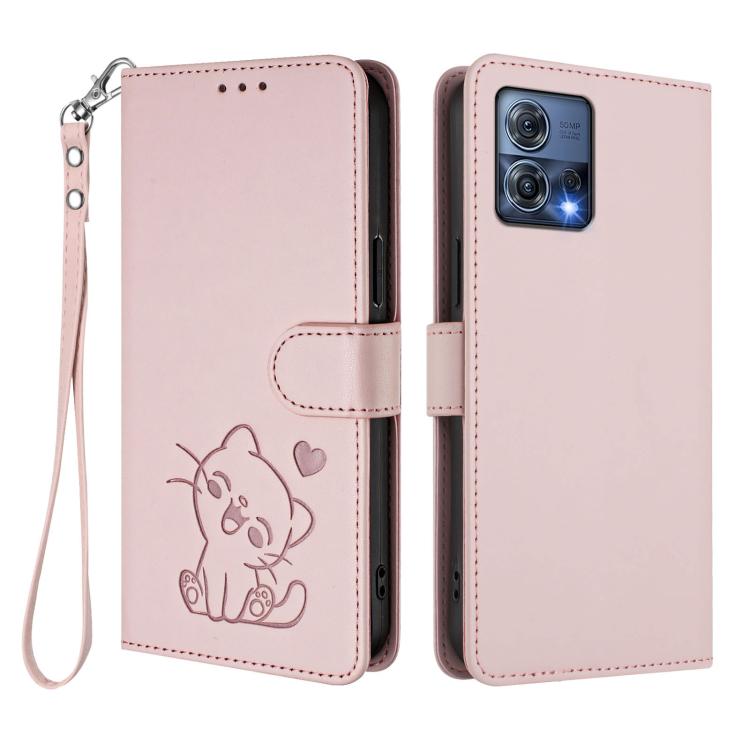 Embossed Heart Cat Leather Phone Case with Hand Strap, For Motorola Moto S30 Pro 5G, For Motorola Edge 30 Neo, For Motorola Moto G22 4G / E32s, For Motorola Edge 2022 / Edge 5G UW