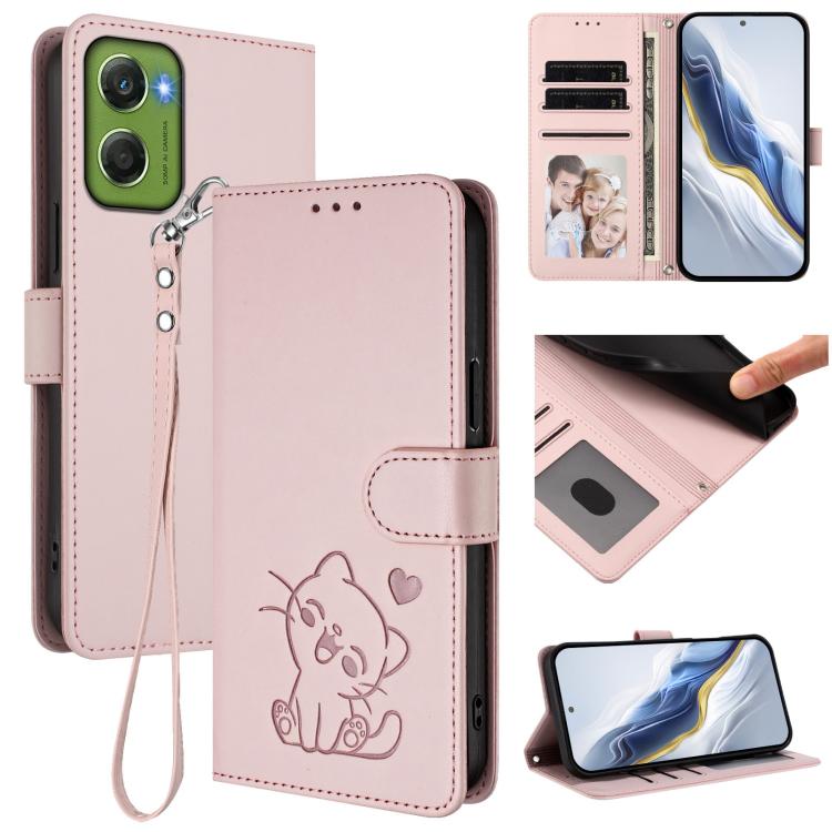 Embossed Heart Cat Leather Phone Case with Hand Strap, For Motorola Moto G17 4G / G17 Power 4G, For Motorola Moto G67 Power 5G, For Motorola Moto X70 Air 5G / Edge 70 5G, For Motorola Moto G06 4G