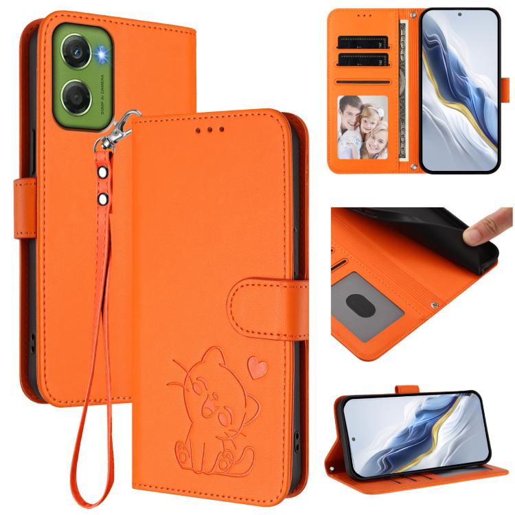 Embossed Heart Cat Leather Phone Case with Hand Strap, For Motorola Moto G17 4G / G17 Power 4G, For Motorola Moto G67 Power 5G, For Motorola Moto X70 Air 5G / Edge 70 5G, For Motorola Moto G06 4G