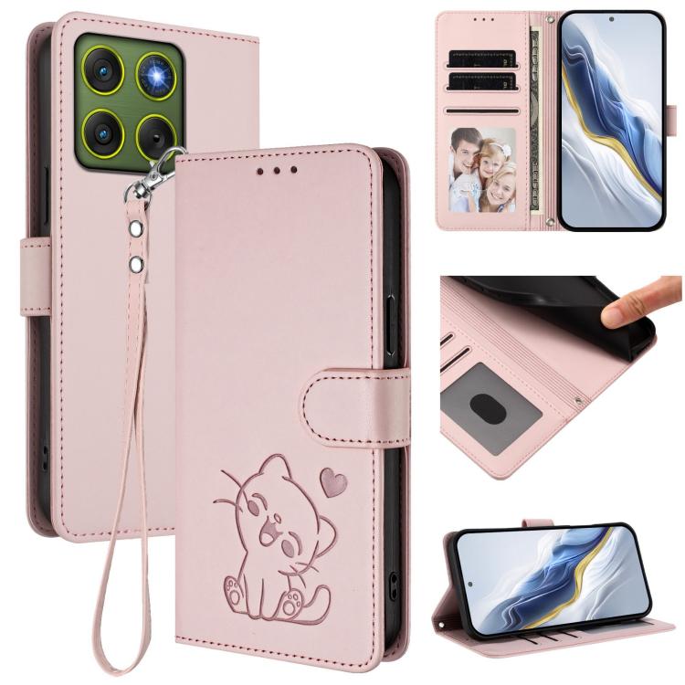 Embossed Heart Cat Leather Phone Case with Hand Strap, For Motorola Moto G17 4G / G17 Power 4G, For Motorola Moto G67 Power 5G, For Motorola Moto X70 Air 5G / Edge 70 5G, For Motorola Moto G06 4G