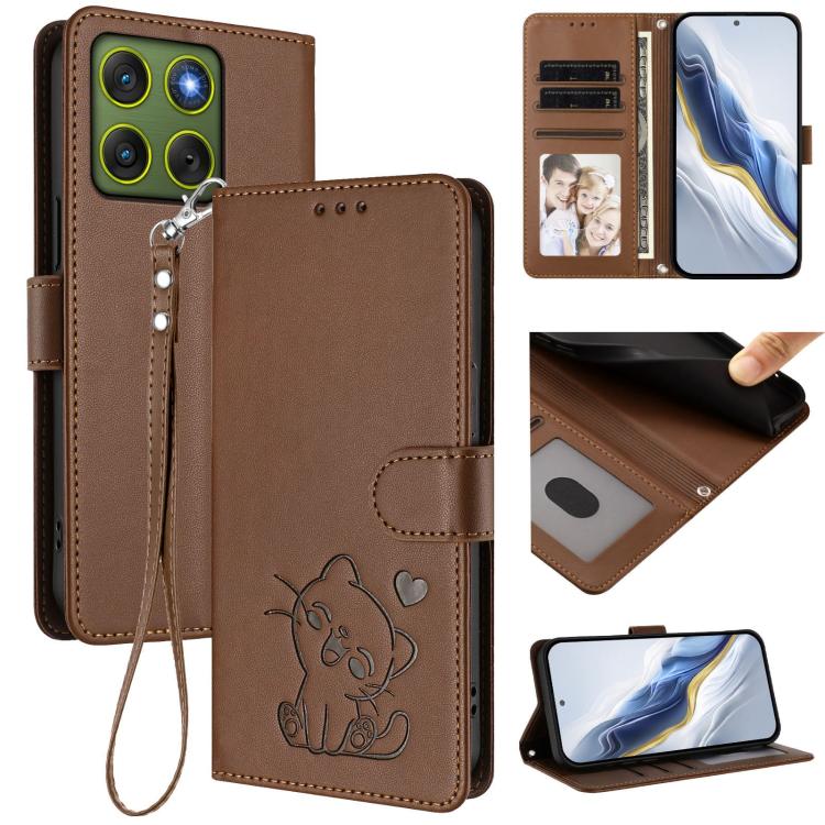 Embossed Heart Cat Leather Phone Case with Hand Strap, For Motorola Moto G17 4G / G17 Power 4G, For Motorola Moto G67 Power 5G, For Motorola Moto X70 Air 5G / Edge 70 5G, For Motorola Moto G06 4G