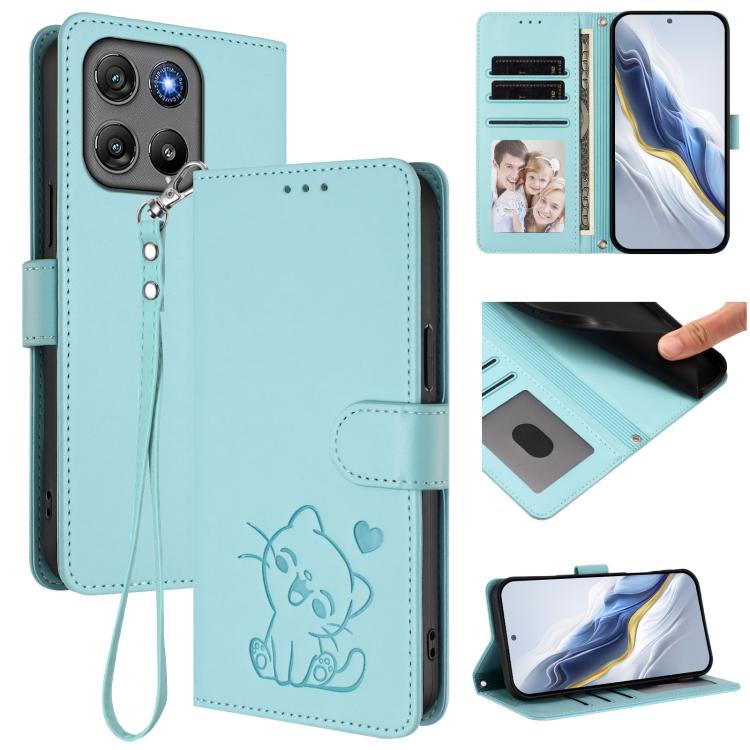 Embossed Heart Cat Leather Phone Case with Hand Strap, For Motorola Moto G17 4G / G17 Power 4G, For Motorola Moto G67 Power 5G, For Motorola Moto X70 Air 5G / Edge 70 5G, For Motorola Moto G06 4G