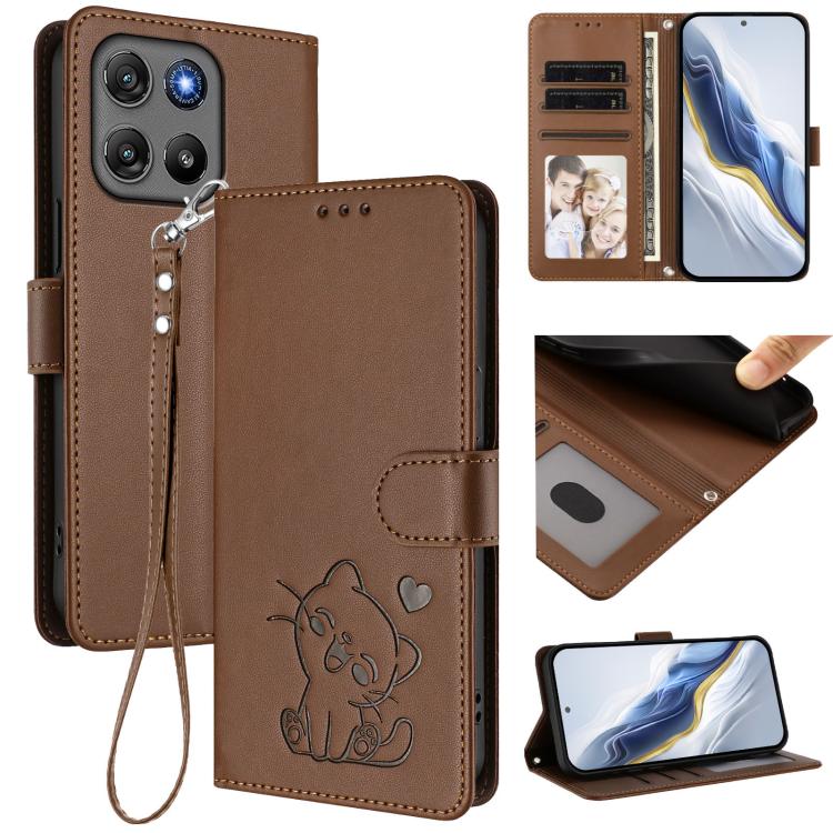 Embossed Heart Cat Leather Phone Case with Hand Strap, For Motorola Moto G17 4G / G17 Power 4G, For Motorola Moto G67 Power 5G, For Motorola Moto X70 Air 5G / Edge 70 5G, For Motorola Moto G06 4G