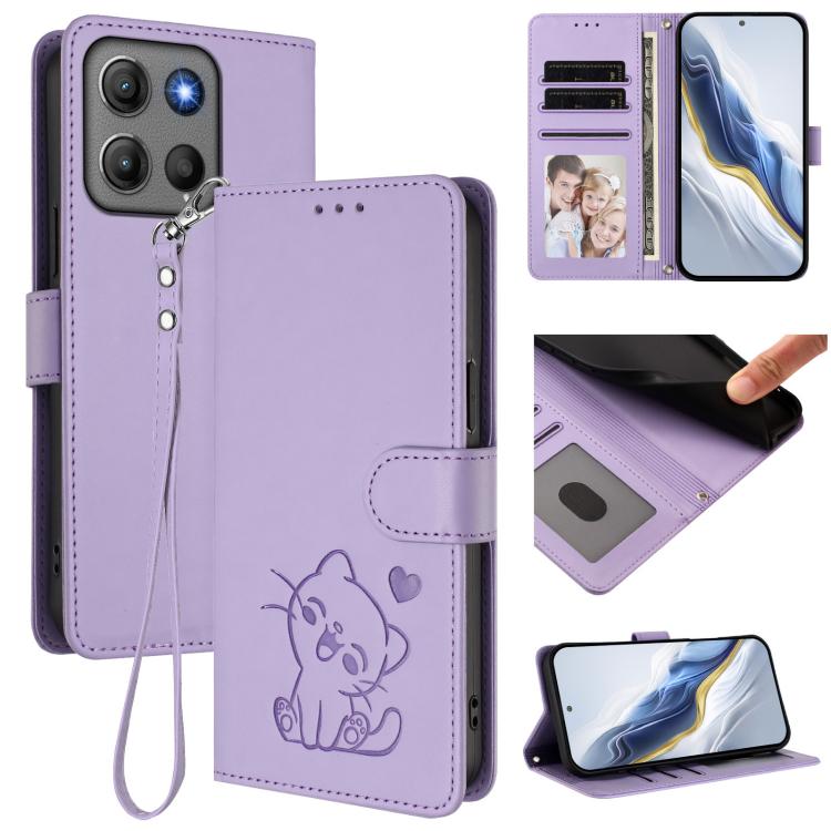 Embossed Heart Cat Leather Phone Case with Hand Strap, For Motorola Moto G17 4G / G17 Power 4G, For Motorola Moto G67 Power 5G, For Motorola Moto X70 Air 5G / Edge 70 5G, For Motorola Moto G06 4G