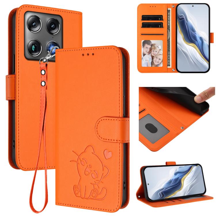Embossed Heart Cat Leather Phone Case with Hand Strap, For Motorola Moto G47 5G / G37 / G37 Power 5G, For Motorola Moto G87 / G67 / G77 5G, For Motorola Edge 70 Pro 5G, For Motorola Moto X70 Air Pro / Signature 5G