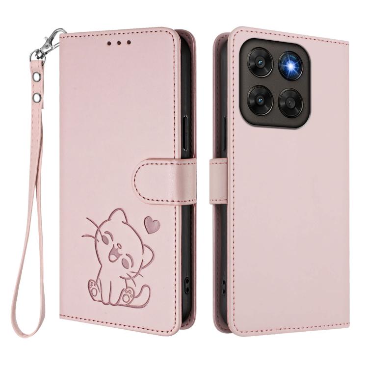 Embossed Heart Cat Leather Phone Case with Hand Strap, For Motorola Moto G Max / G87 / G77 / G67, For Motorola Moto G47 5G / G37 / G37 Power 5G, For Motorola Edge 70 Pro 5G, For Motorola Moto X70 Air Pro / Signature 5G