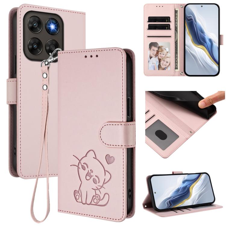 Embossed Heart Cat Leather Phone Case with Hand Strap, For Motorola Moto G Max / G87 / G77 / G67, For Motorola Moto G47 5G / G37 / G37 Power 5G, For Motorola Edge 70 Pro 5G, For Motorola Moto X70 Air Pro / Signature 5G