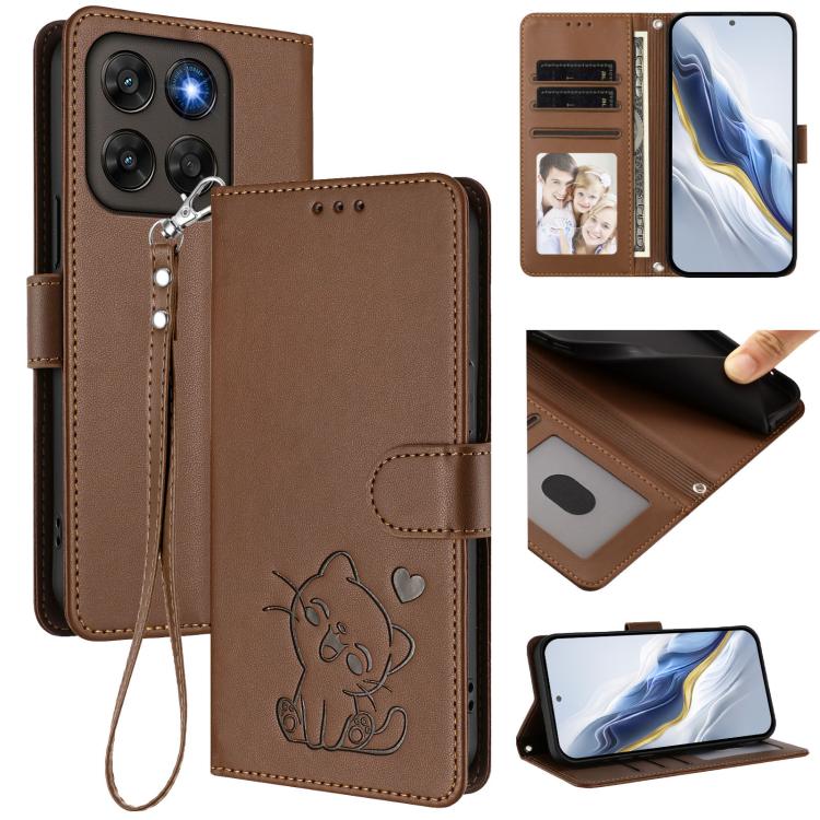 Embossed Heart Cat Leather Phone Case with Hand Strap, For Motorola Moto G Max / G87 / G77 / G67, For Motorola Moto G47 5G / G37 / G37 Power 5G, For Motorola Edge 70 Pro 5G, For Motorola Moto X70 Air Pro / Signature 5G