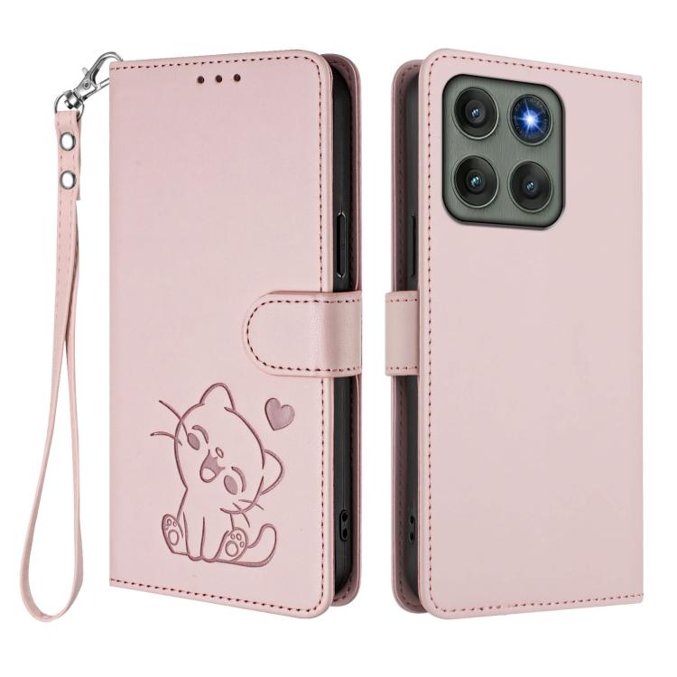 Embossed Heart Cat Leather Phone Case with Hand Strap, For Motorola Edge 60s Pro 5G, For Motorola Moto G86 Power, For Motorola Moto G86 5G, For Motorola Moto G56 5G