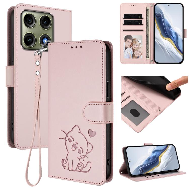 Embossed Heart Cat Leather Phone Case with Hand Strap, For Motorola Moto G47 5G / G37 / G37 Power 5G, For Motorola Moto G87 / G67 / G77 5G, For Motorola Edge 70 Pro 5G, For Motorola Moto X70 Air Pro / Signature 5G