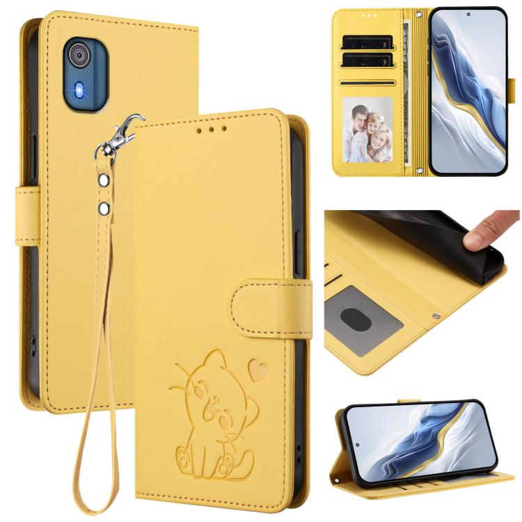 Embossed Heart Cat Leather Phone Case with Hand Strap, For Nokia G22, For Nokia C32, For Nokia C02, For Nokia X30