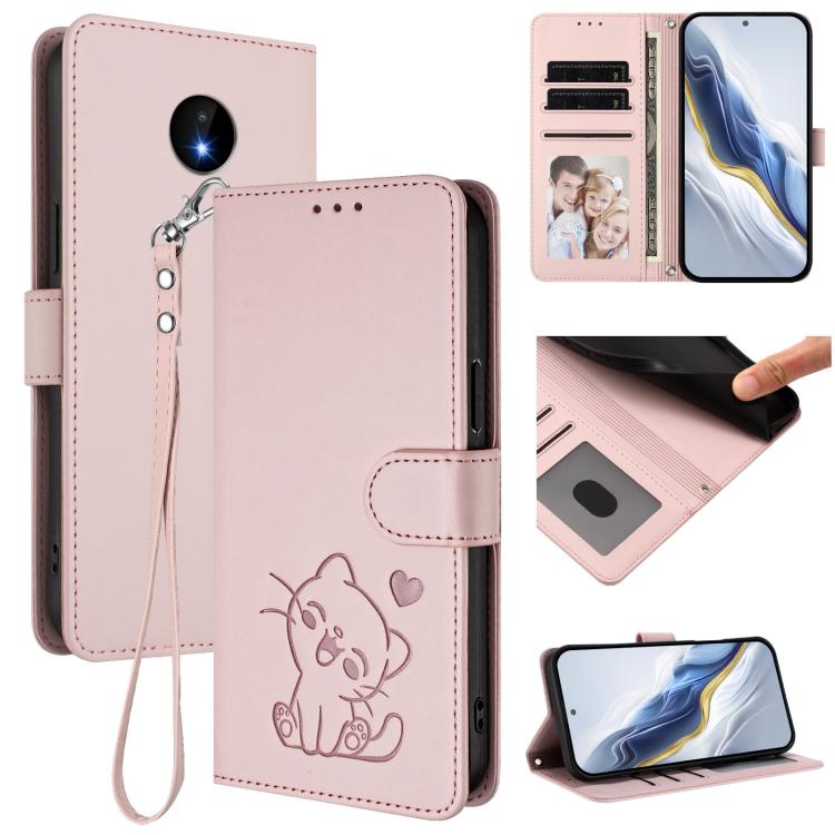 Embossed Heart Cat Leather Phone Case with Hand Strap, For Nokia C20 / C10
