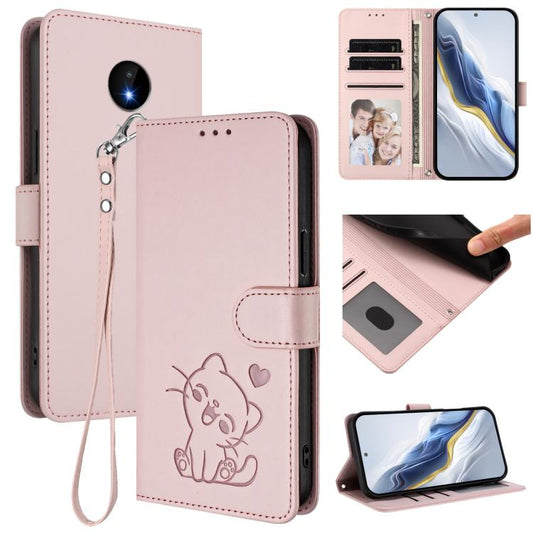 Embossed Heart Cat Leather Phone Case with Hand Strap, For Nokia C20 / C10