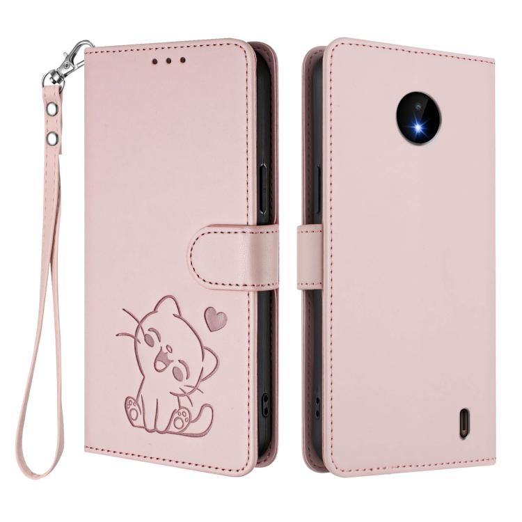 Embossed Heart Cat Leather Phone Case with Hand Strap, For Nokia C20 / C10