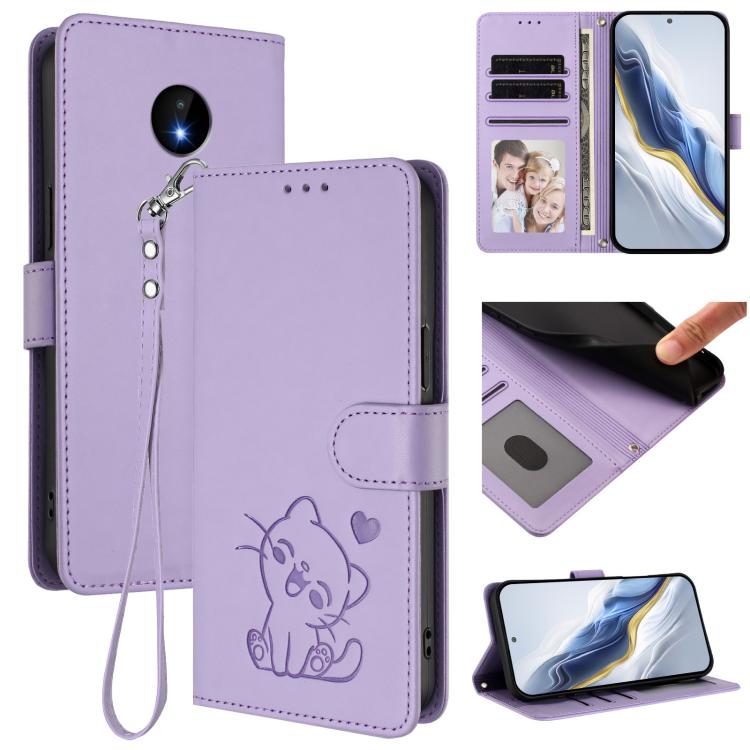 Embossed Heart Cat Leather Phone Case with Hand Strap, For Nokia C20 / C10