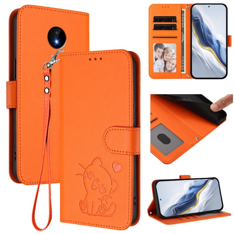 Embossed Heart Cat Leather Phone Case with Hand Strap, For Nokia C20 / C10