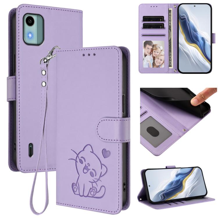 Embossed Heart Cat Leather Phone Case with Hand Strap, For Nokia G42 / G310, For Nokia C300, For Nokia C22, For Nokia C12