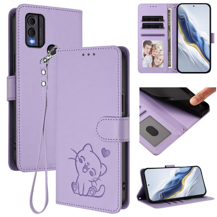 Embossed Heart Cat Leather Phone Case with Hand Strap, For Nokia G42 / G310, For Nokia C300, For Nokia C22, For Nokia C12