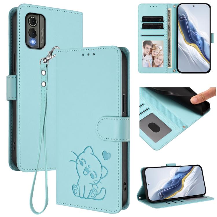 Embossed Heart Cat Leather Phone Case with Hand Strap, For Nokia G22, For Nokia C32, For Nokia C02, For Nokia X30