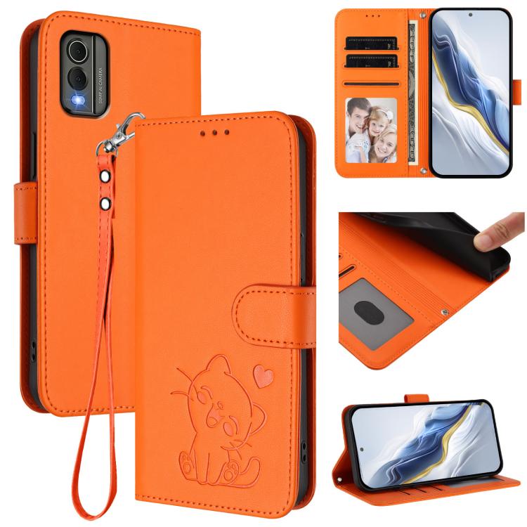 Embossed Heart Cat Leather Phone Case with Hand Strap, For Nokia G22, For Nokia C32, For Nokia C02, For Nokia X30