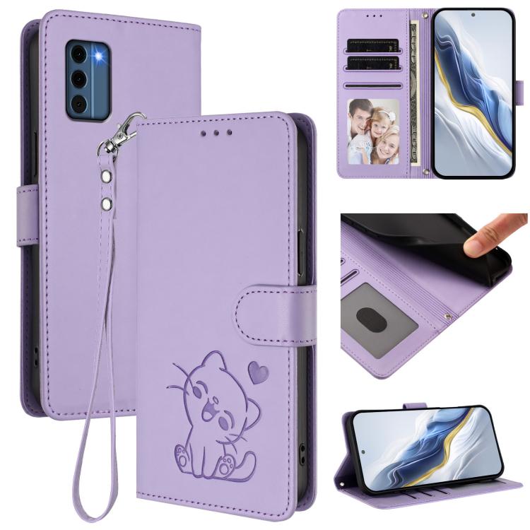 Embossed Heart Cat Leather Phone Case with Hand Strap, For Nokia G42 / G310, For Nokia C300, For Nokia C22, For Nokia C12